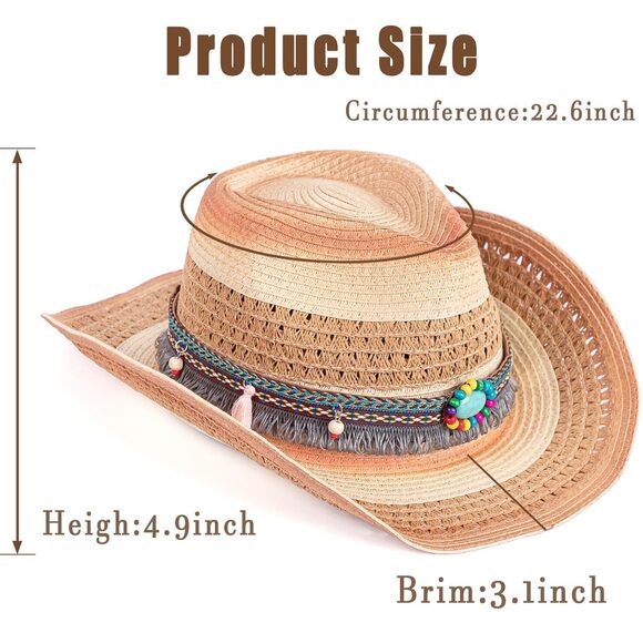 2226 Cowboy Cowgirl Straw Hat With Bands For Women- Western Wide Brim main image 4